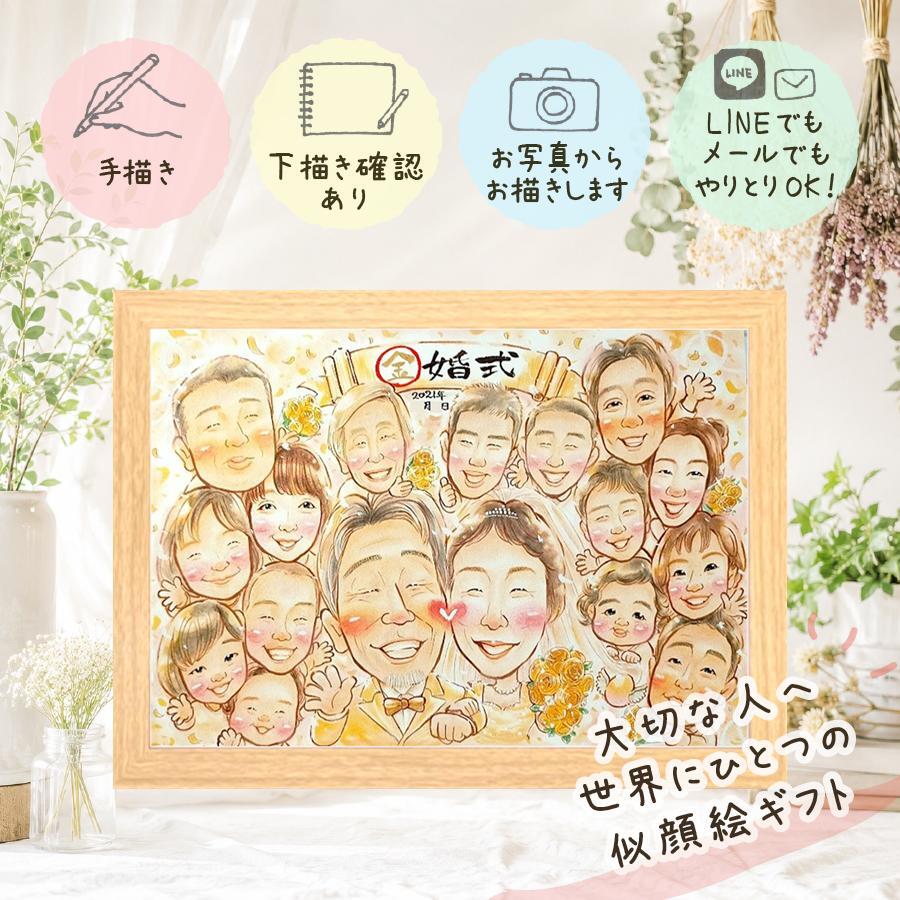 金婚式 似顔絵 贈り物 プレゼント 手描き 名入れ ギフト 金婚式 記念日 お祝い 結婚記念日 結婚50周年 大人数 祖父母 夫婦 家族 両親 お母さん お父さん 修正無料 下書き確認 名入れ サプライズ かわいい 似てる 宝物 思い出 長寿 感謝 50周年 オーダーメイド 米寿祝い キレイ 古希祝い お祝いの品 喜ばれる カラフル 闘病中の方への励まし 長寿祝い