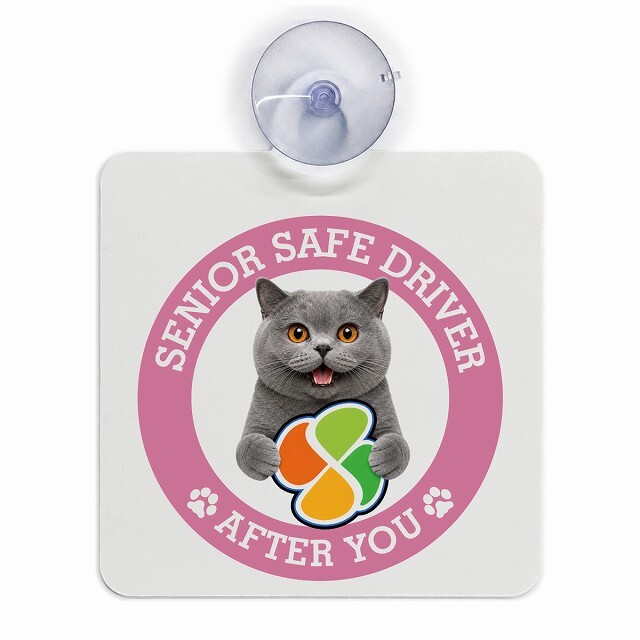 カーサイン 高齢者マーク SENIOR SAFE DRIVER ブリティッシュショートヘア 車内用 吸盤タイプ 収れん火災防止タイプ 肉球 日本製 車 ステッカー