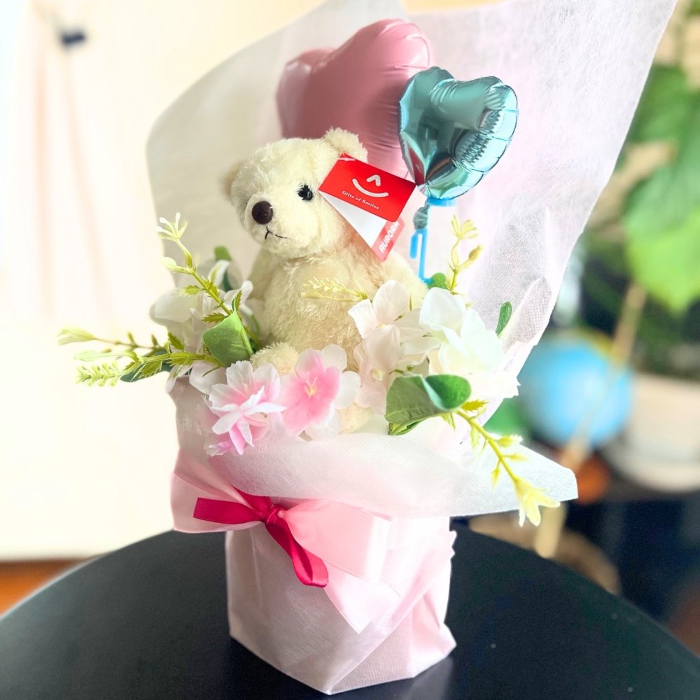 くま入り バルーンフラワーブーケ 花束 ハートバルーン ギフト 誕生日 プレゼント 発表会 卒業祝い 入学祝い 結婚祝い 記念日 女性 女友達 子供 お祝い ぬいぐるみ おしゃれ かわいい バルーンブーケ フラワーギフト ピンク ブルー ブラウン