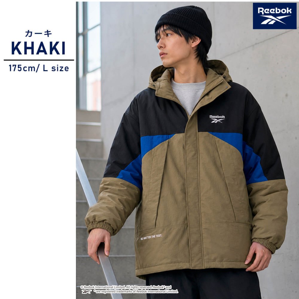 【予約】Reebok リーボック マウンテンパーカー メンズ 長袖 アウター ブルゾン スタンド フルジップ フーディ 中綿 キルト 軽量 防風 あたたかい ロゴ 刺繍  ブランド 大きいサイズ ゆったり ユニセックス 春 秋 冬 M L LL 黒 紺 2026fw karlas