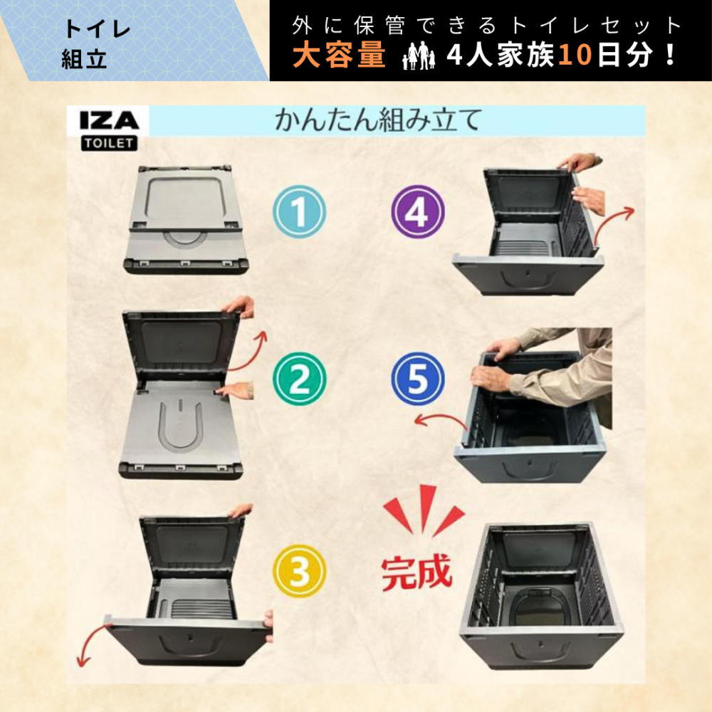 【屋外保管が可能です！】DAM8 + iZA 簡易トイレセット 凝固剤 防臭袋 汚物袋 トイレットペーパー セット 屋外保存可能 4人家族 10日分 200回分