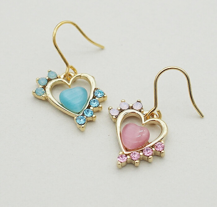 ピアス ハート＆キャッツアイ＆ラインストーン（全2色） 全品1個ずつバラ売り プレゼント