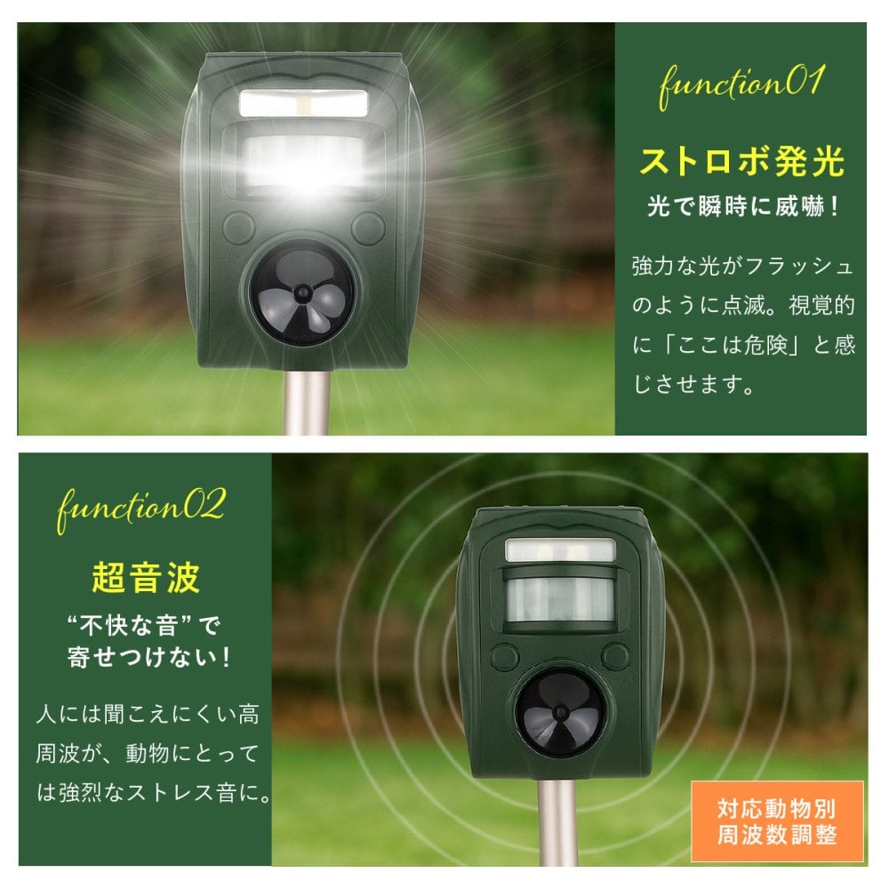 害獣対策 ソーラー充電式害獣駆除機 ファミラ 超音波 赤外線センサー ストロボ アラーム 13.5～45.5kHz 感知範囲最大8～9m 簡易防水 猫よけ 鳥よけ タヌキ ハクビシン 動物よけ 畑 庭 家庭菜園 駐車場 ガレージ 屋外