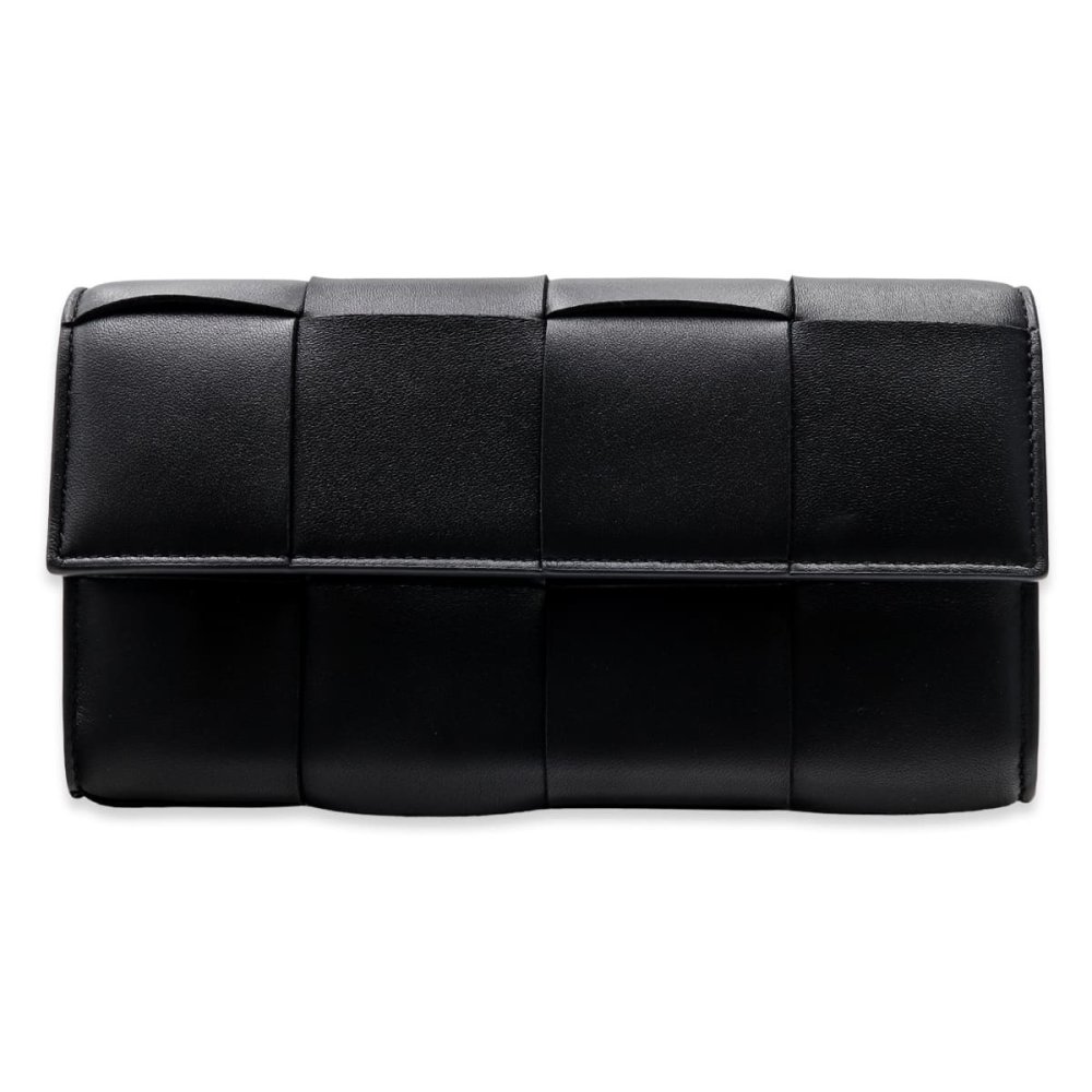ボッテガヴェネタ BOTTEGA VENETA 長財布 レディース メンズ マキシイントレチャート 本革 ブラック 黒 かぶせ フラップ マグネット開閉 小銭入れ付き カード12枚 742694 V3UO3 8425