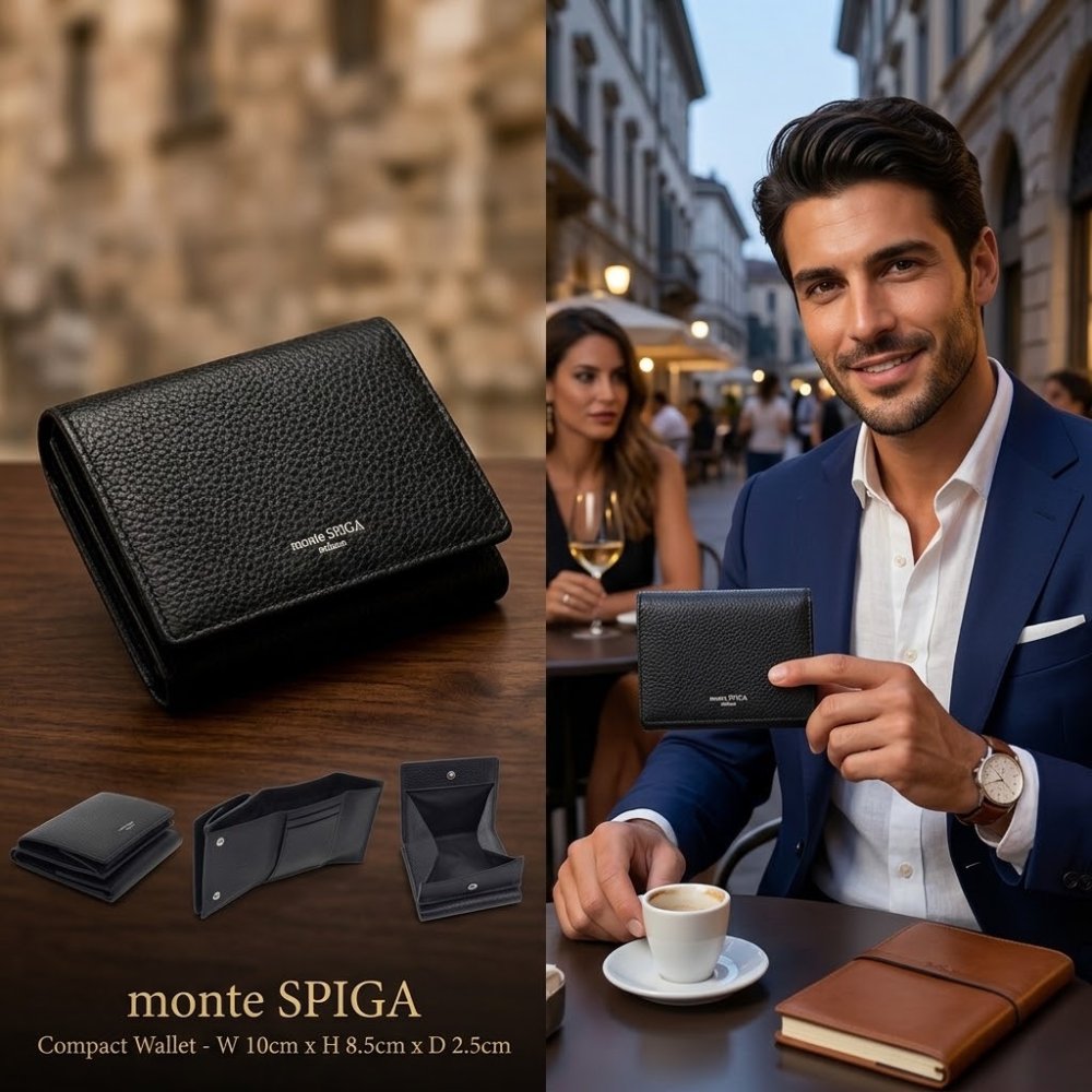 モンテスピガ　monte SPIGA　コンパクト財布　MOSMSP301BK　ブラック　黒　シュリンクレザー　牛革　三つ折り財布　トライフォード ウォレット