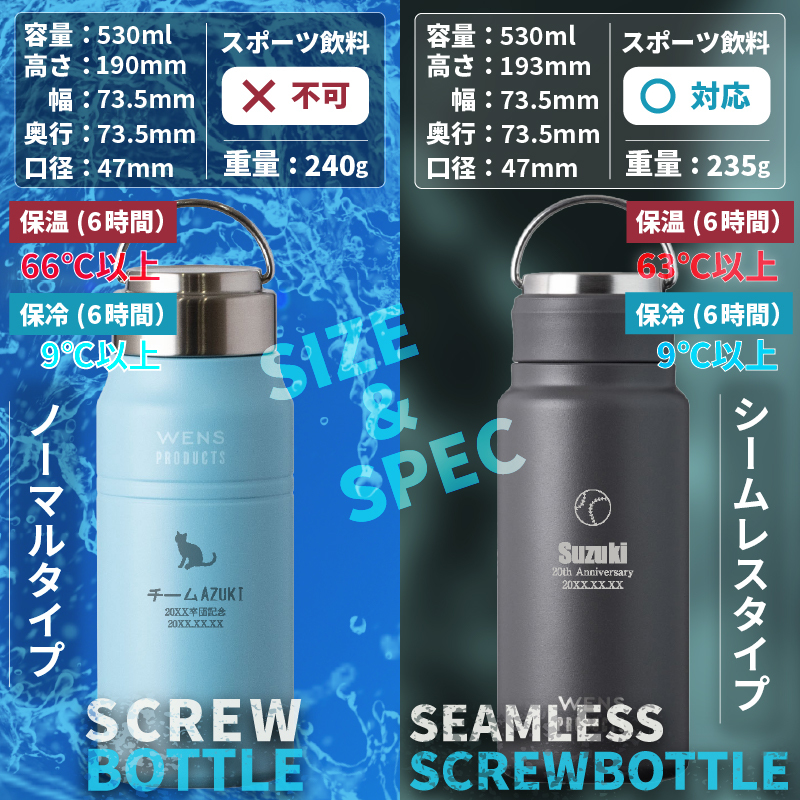 ★【名入れ無料】 プレゼント WENS PRODUCTS ウェンズプロダクツ 真空断熱ハンドル付スクリューボトル 530ml 全18色 【マーク レイアウト】 シームレスタイプ 保冷保温 魔法瓶構造 二重構造 名入れ水筒 オリジナル マイボトル 名入れギフト 名入れ水筒 名入れプレゼント 新生活 出産祝い 誕生日 還暦 古希 退職祝 記念品 山