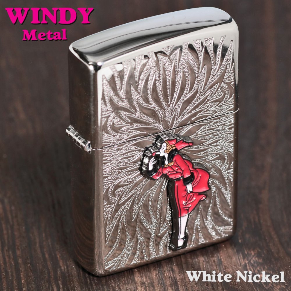 【名入れ】送料無料 zippo  ジッポーライター 大人気「WINDY」メタル貼り ホワイトニッケル エッチング WINDY-Metal-WN かわいい キャラクター キュート レトロ 誕生日 ギフト プレゼント [zWINDY-Metal-WN]