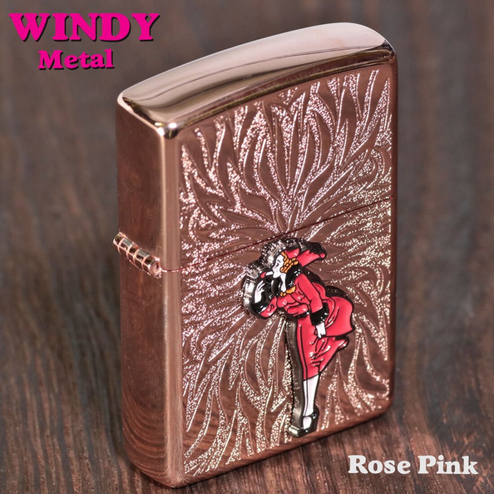  【名入れ】送料無料 zippo  ジッポーライター 大人気「WINDY」メタル貼り　ローズピンク エッチング　WINDY-Metal-RP  かわいい キャラクター キュート レトロモチーフ 誕生日 ギフト プレゼント [zWINDY-Metal-RP]