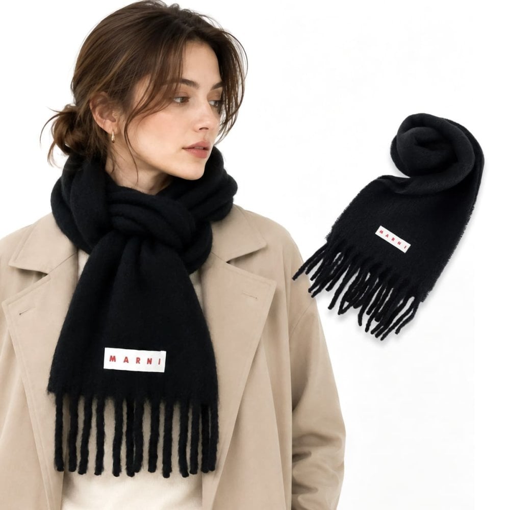 マルニ MARNI マフラー レディース メンズ SCMC0143Y0 UTW918 00N99 NERO ブラック アルパカ ストール フリンジ ロゴ ロゴラベル 無地 ユニセックス 男女兼用 防寒 秋冬