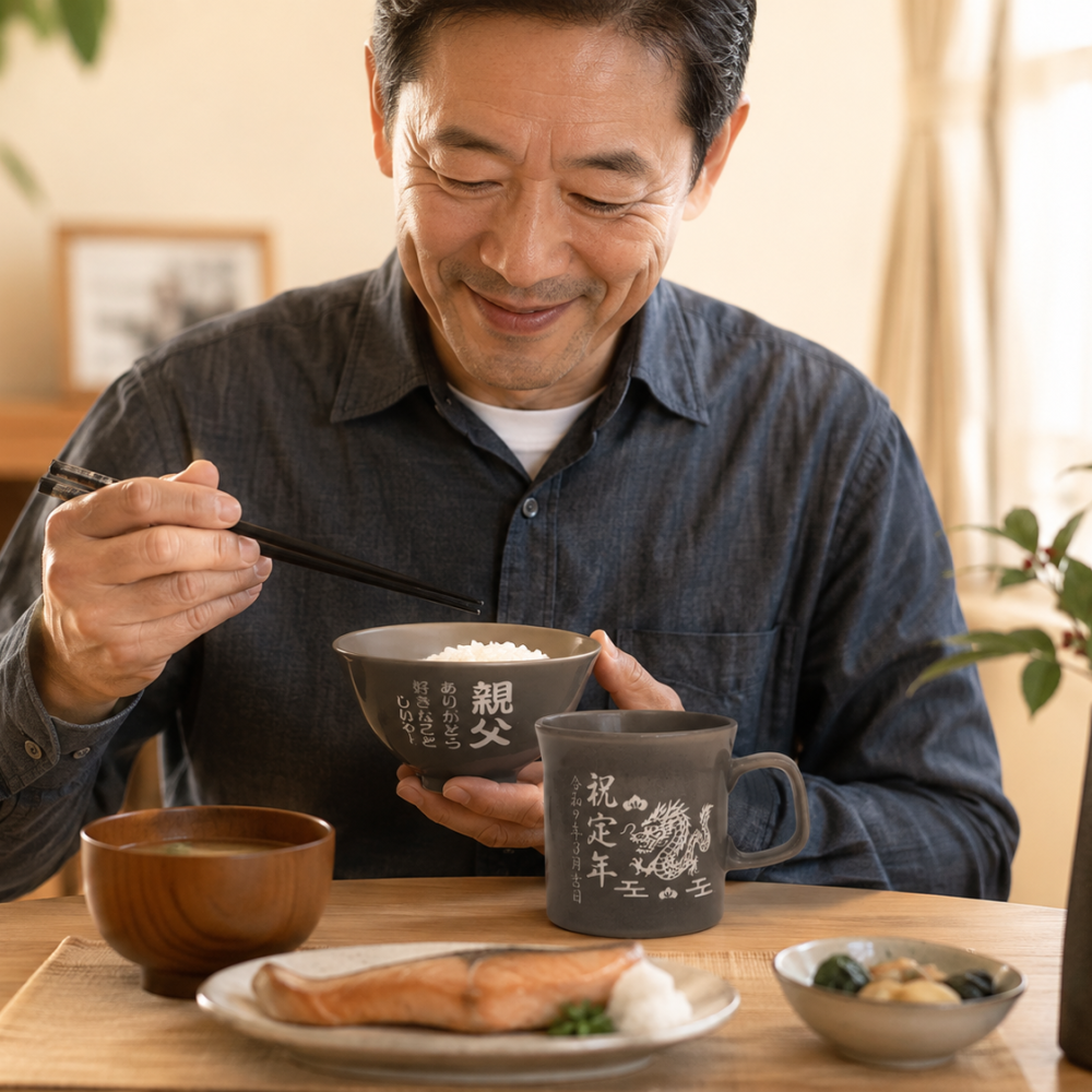 敬老の日 名入れ ギフト SXX 波佐見焼 縁起カラー食器セット 黒灰 茶碗 & マグカップ & 箸 & 折り鶴箸置き 木箱入り / プレゼント ギフト 退職 記念 誕生日 長寿 祝い
