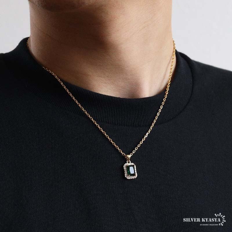 ステンレス グリーンストーンネックレス ペンダントネックレス メンズネックレス ゴールド あずきチェーン 細身 小ぶり 小さめ キラキラ ラグジュアリー 高級感 男性 金属アレルギー対応