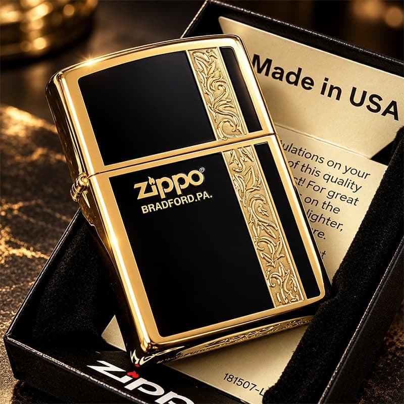 ZIPPO ライター シンプル アラベスク ライン入り ロゴ 金 両面加工 ジッポ ゴールド ブラック かっこいい メンズ プレゼント ギフト