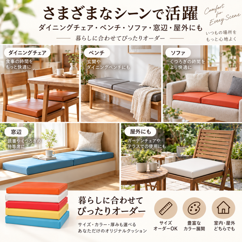 オーダーメイド クッション 1,980円～ サイズ指定可 PVCレザー　座布団 ベンチクッション 低反発＋高反発 洗えるカバー 椅子 ソファ用椅子 カバー取り外し可能 無地 洗える リビング ダイニング ソファクッション 高反発