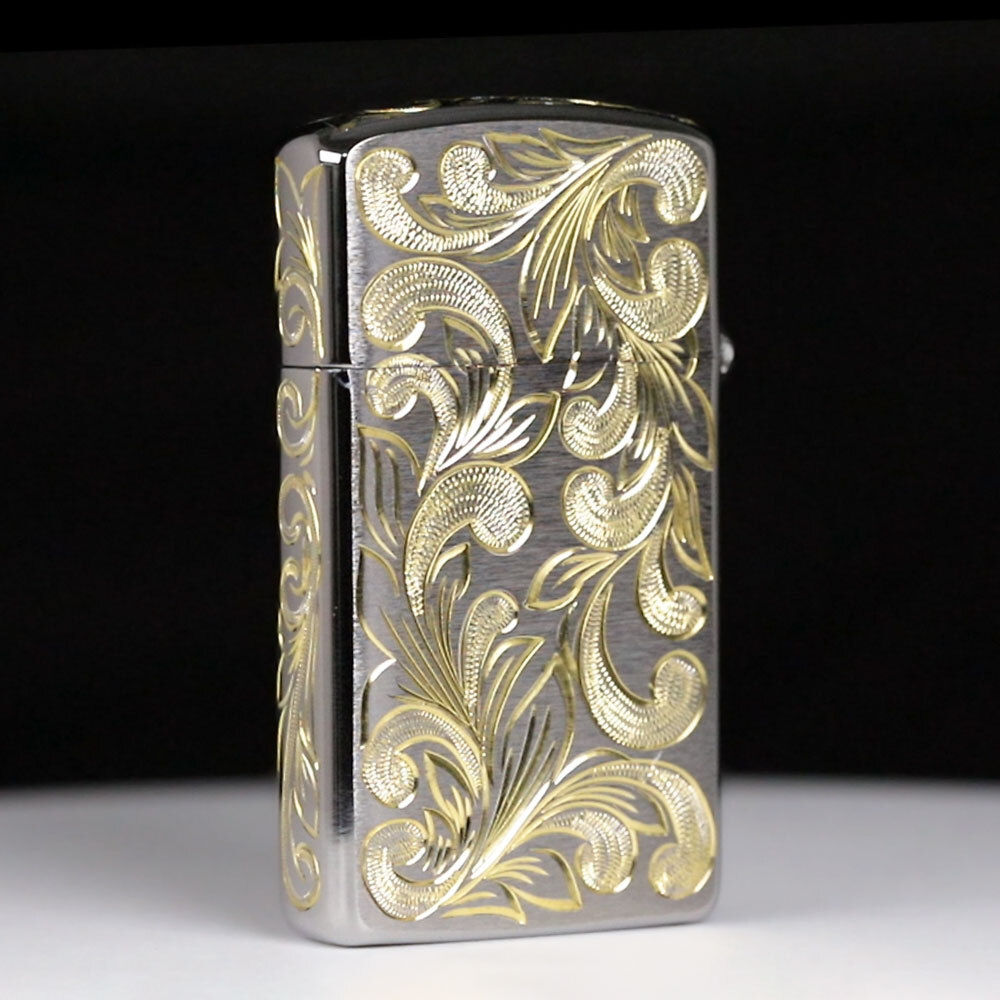 Zippo ライター ジッポライター 愛煙家 喫煙 真鍮 クロムサテーナ クロムメッキ スリムタイプ #1600 スクロール模様 5面手彫り ハワイアンジュエリー ブランド かっこいい おしゃれ ジッポーライター BY THE SEA バイザシー 彼氏 夫 男性 メンズ プレゼント ハロウィン 【品番：FL103C】