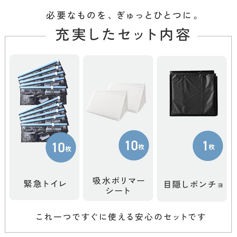携帯トイレ 防災 10回分 もしもの緊急トイレ 目隠しポンチョ付き  男女兼用 簡易トイレ 非常用トイレ 災害用 車載 車中泊 登山 キャンプ アウトドア 大便 小便 女性 子ども 自立式  吸水ポリマー 断水 避難所 防災グッズ 防災用品 災害 日本製 緊急時 A-78067