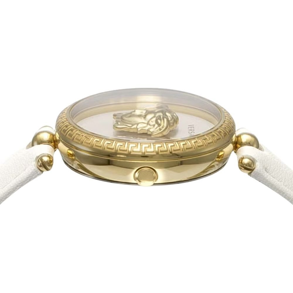 ヴェルサーチェ 腕時計 レディース ホワイト ゴールド 34mm VERSACE PALAZZO EMPIRE パラッツォ エンパイア 立体 メデューサ 白 レザー 革ベルト スイス製 高級 ブランド おしゃれ プレゼント ギフト 卒業 入学 お祝い