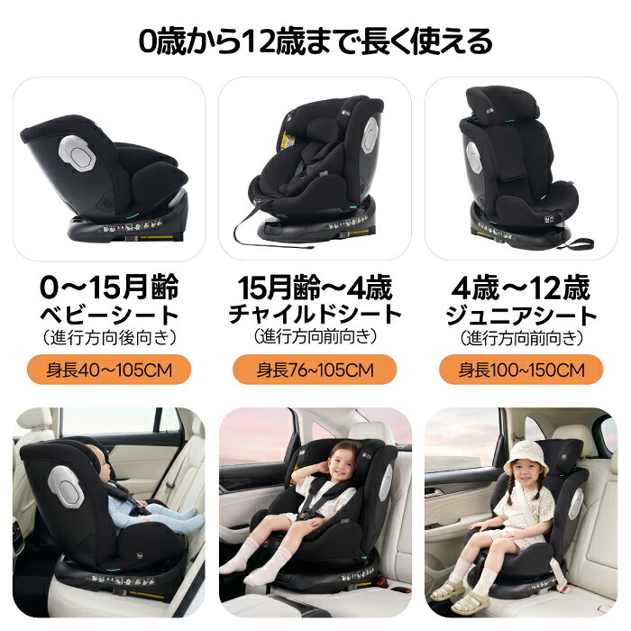 チャイルドシート 新生児 360度回転 ISOFIX R129適合 0歳～12歳頃 40～150cm 回転式 ジュニアシート ベビーシート ロングユース 長く使える トップテザー リクライニング 洗える インナークッション付 取付簡単 出産祝い 赤ちゃん 男の子 女の子 プレゼント ギフト