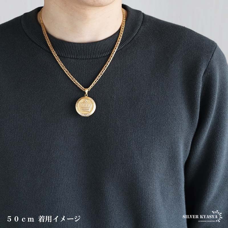 ステンレス ロケットネックレス HIPHOP ダブル喜平チェーンネックレス ロケットペンダント クラウンネックレス 写真 記念 思い出 50cm 60cm ゴールドネックレス 18KGP シルバー 王冠 6面カット メンズ 男性 金属アレルギー対応