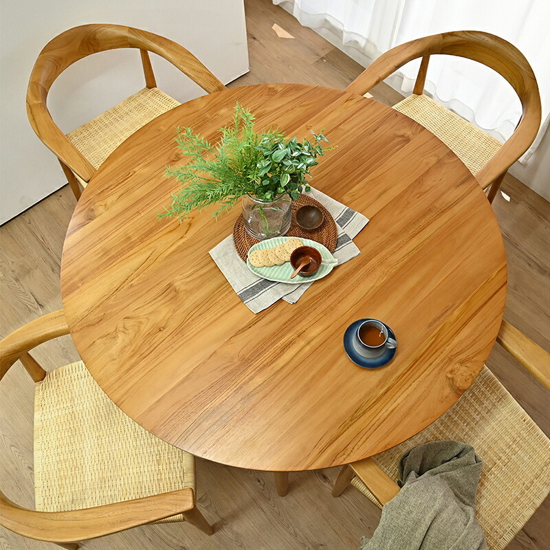 開梱設置無料 ダイニングテーブル 単品 120cm幅 木製 4人用 チーク無垢材 丸型 コンパクト 机 インテリア おしゃれ ナチュラル 天然木 北欧 カフェ 食卓 モダン ワックス仕上げ 新生活