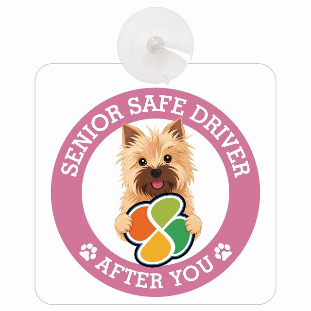 カーサイン 高齢者マーク SENIOR SAFE DRIVER ノーリッチテリア 車内用 吸盤タイプ 収れん火災防止タイプ 肉球 日本製 車 ステッカー