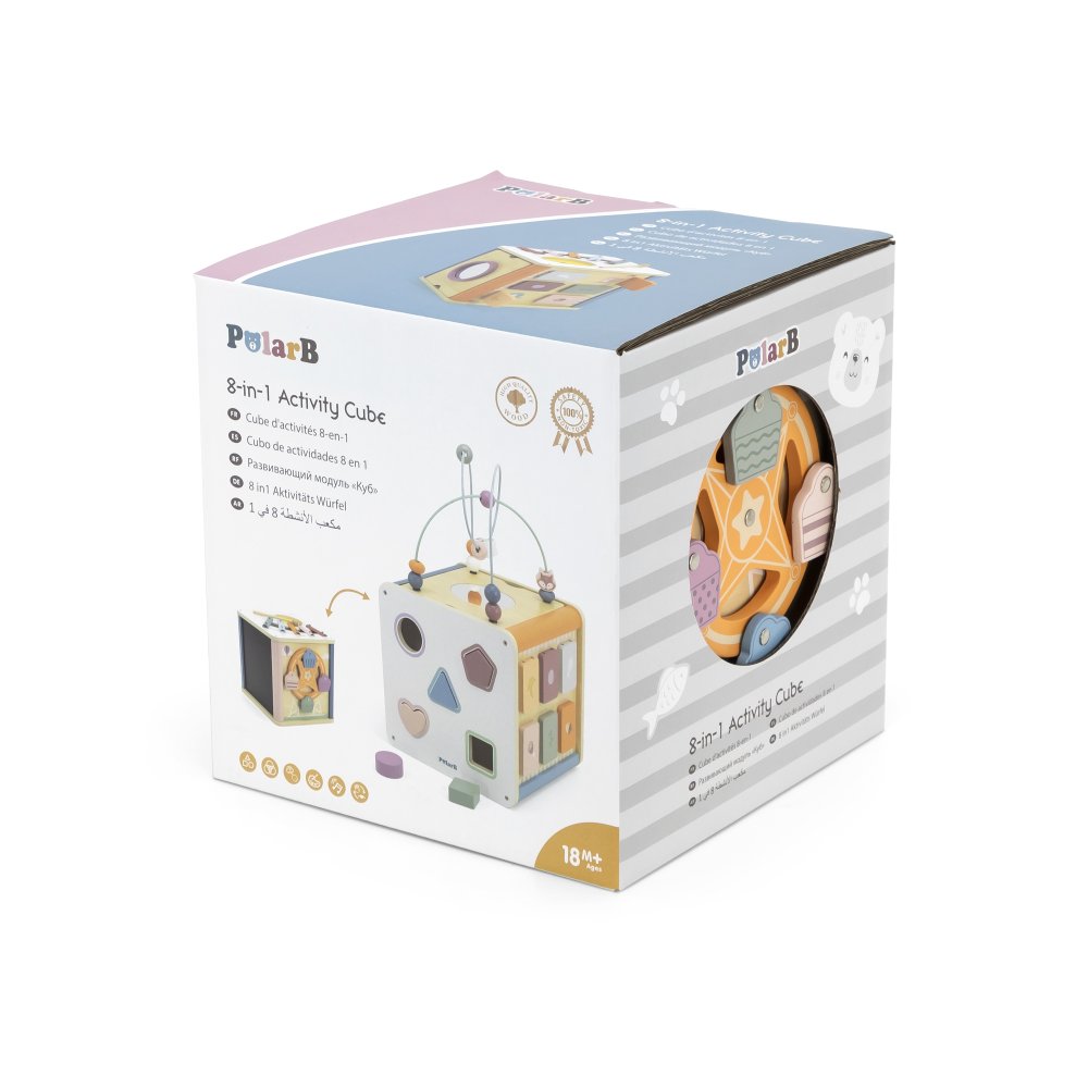 誕生日プレゼント PolarB ポーラービー 8in1 アクティビティボックス アクティビティキューブ 木製 木のおもちゃ 知育玩具 型はめ 鉄琴 ビーズコースター 観覧車 黒板 おもちゃ箱 収納 北欧 くすみカラー おしゃれ 1歳半 18カ月 2歳 3歳 男の子 女の子 お祝い ギフト