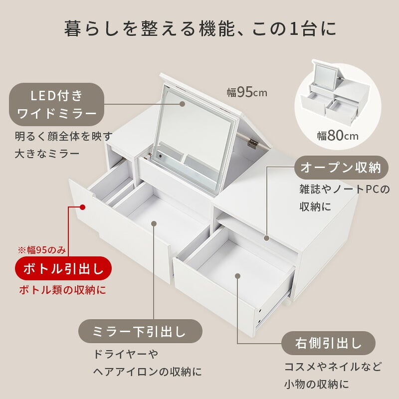 収納家具 ラック ロードレッサー コスメテーブル ドレッサー コスメワゴン 2way チェスト 天板 LEDライト付き 女優ミラー ミラー サイドテーブル 引き出し付き 鏡台 コンパクト 化粧台 化粧道具収納 メイクボックス メイク台 一人暮らし