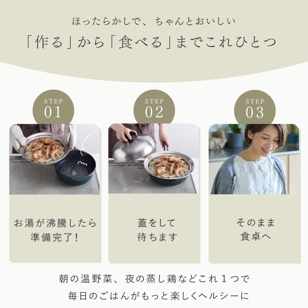 蒸し器 のせるだけで簡単蒸し器 24～26cm 燕三条 日本製 ステンレス 蒸しプレート 蒸しざる フライパン用蒸し器 鍋用蒸し器 フライパンにのせるだけ 蒸し料理 温野菜 蒸し野菜 蒸し鶏 蒸し魚 しゅうまい ヘルシー調理 3～4人 家族 ファミリー まとめ調理 受け皿 2WAY 食洗機対応 レシピ付き キッチン用品 調理器具 新生活 結婚祝い プレゼント ギフト