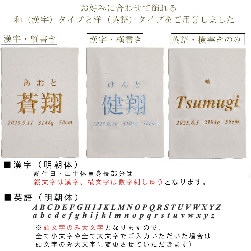 命名書　刺繍　オーダー 名前旗　アートのような命名書　命名式　赤ちゃん　名入れ　お七夜　お宮参り　100日記念　七五三　節句　初節句　インテリア　パネル　ボード　ひな祭り　こどもの日　誕生日　体重　身長　漢字　英語　日本製　出産祝い　出産記念　ベビー　帆布　生成り　caf-0102