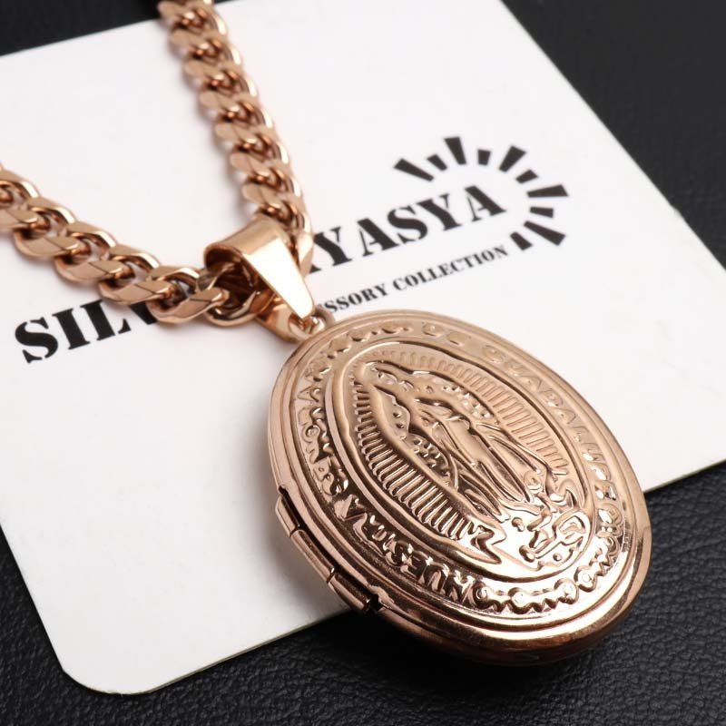 ステンレス ロケットネックレス HIPHOP 喜平チェーンネックレス ロケットペンダント マリアネックレス 写真 記念 思い出 50cm 60cm ピンク 6面カット 聖母 メンズ 男性 金属アレルギー対応