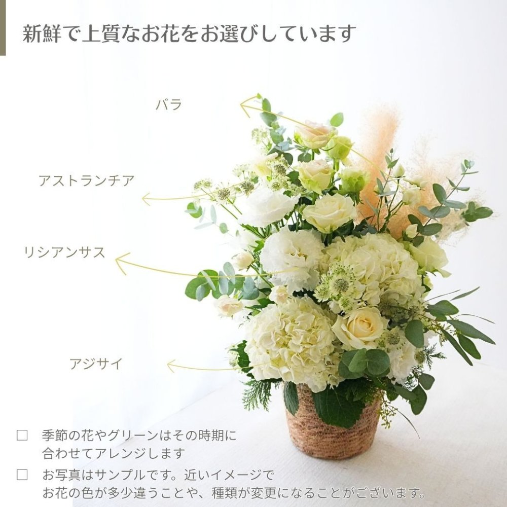 【Lagom Bloom 05】Cozy living　生花のアレンジメント インテリアのようなお花 新築のお祝いや開店のお祝いなど空間のインテリアのように飾ることができるお祝い花です 送料無料 生花 アレンジメント 誕生日 花 ギフト 送料無料 白 お祝いアレンジメント 御祝 記念日 開店御祝い 自宅用 お供え フラワーギフト 展示会 楽屋花 受付 おしゃれ 母の日 敬老の日 お中元 お歳暮