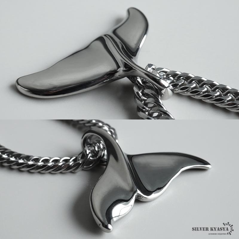 ステンレス ホエールテールネックレス ハワイアンネックレス ダブル喜平ネックレス 6面カット 50cm 60cm シルバー ドルフィンテール いるか クジラ 中折れ式 メンズ 男性 金属アレルギー対応 ペンダント
