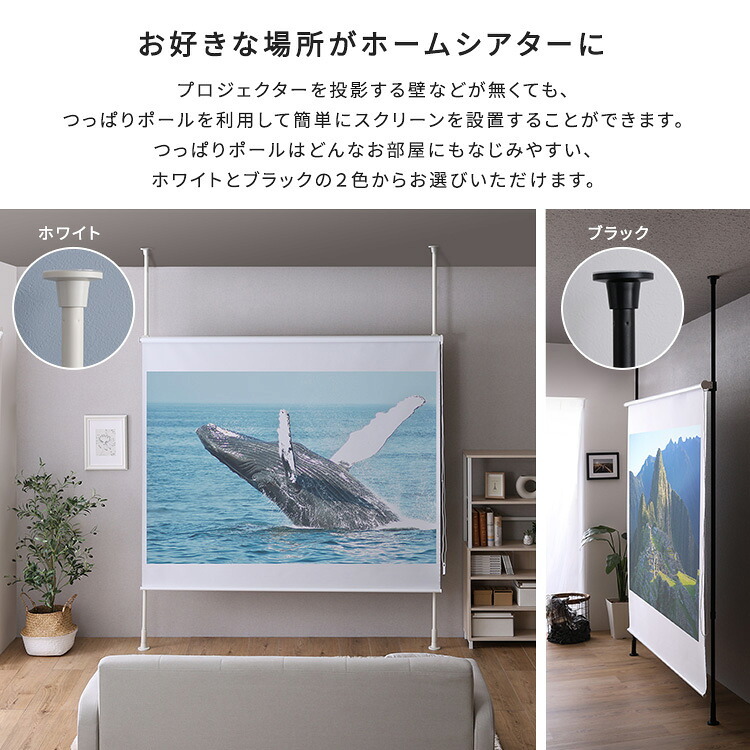 つっぱりロールスクリーンセット つっぱりポール ロールスクリーン セット 幅180cm 突っ張り棒 間仕切り 目隠し プロジェクタースクリーン 省スペース 高さ調整 スリム 北欧 ●つっぱり棒 突っ張りラック 天井 壁面 壁面収納 隙間収納 家具 新生活