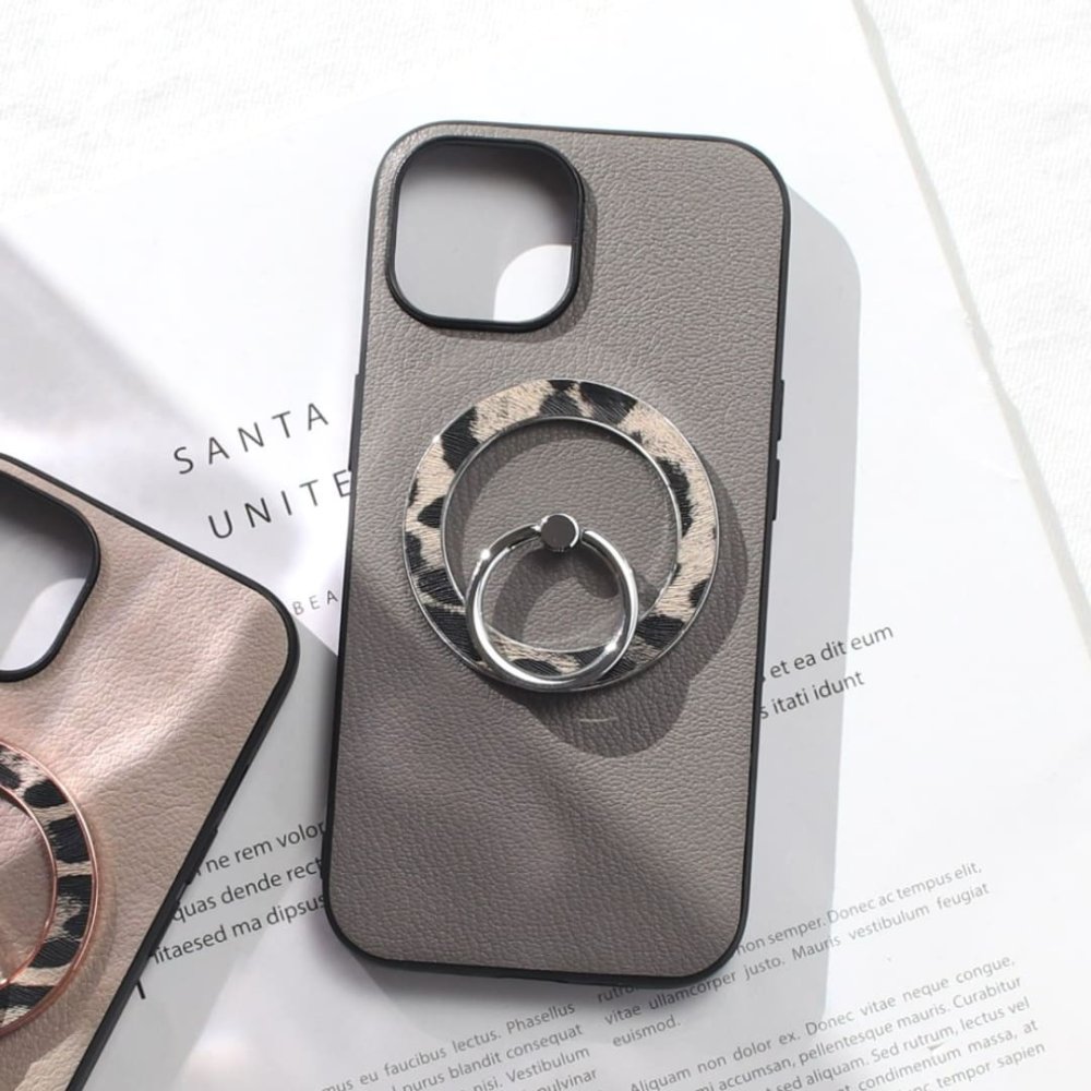 iphone16 ケース レザー リング付き iphone16e iphone16Pro iphone16Plus iphone16ProMAX 本革 マグセーフ対応 magsafe対応 16 16e 16plus 16pro 16promax アイフォン16 アイフォン16promax スマホリング リング ホルダー スタンド ヒョウ柄 レオパード柄 グレー 送料無料