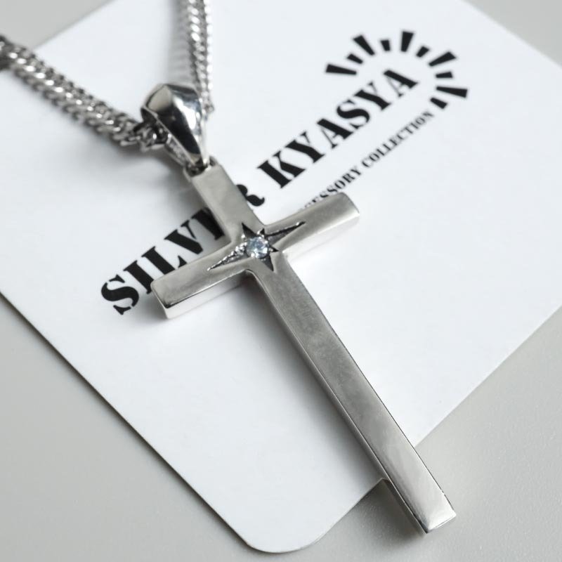 シルバー925 クロスネックレス 一粒ネックレス ペンダントネックレス シンプルネックレス ダブル喜平 6面カット 50cm 60cm シルバー 燻し アンティーク 十字架 メンズ 男性 金属アレルギー対応