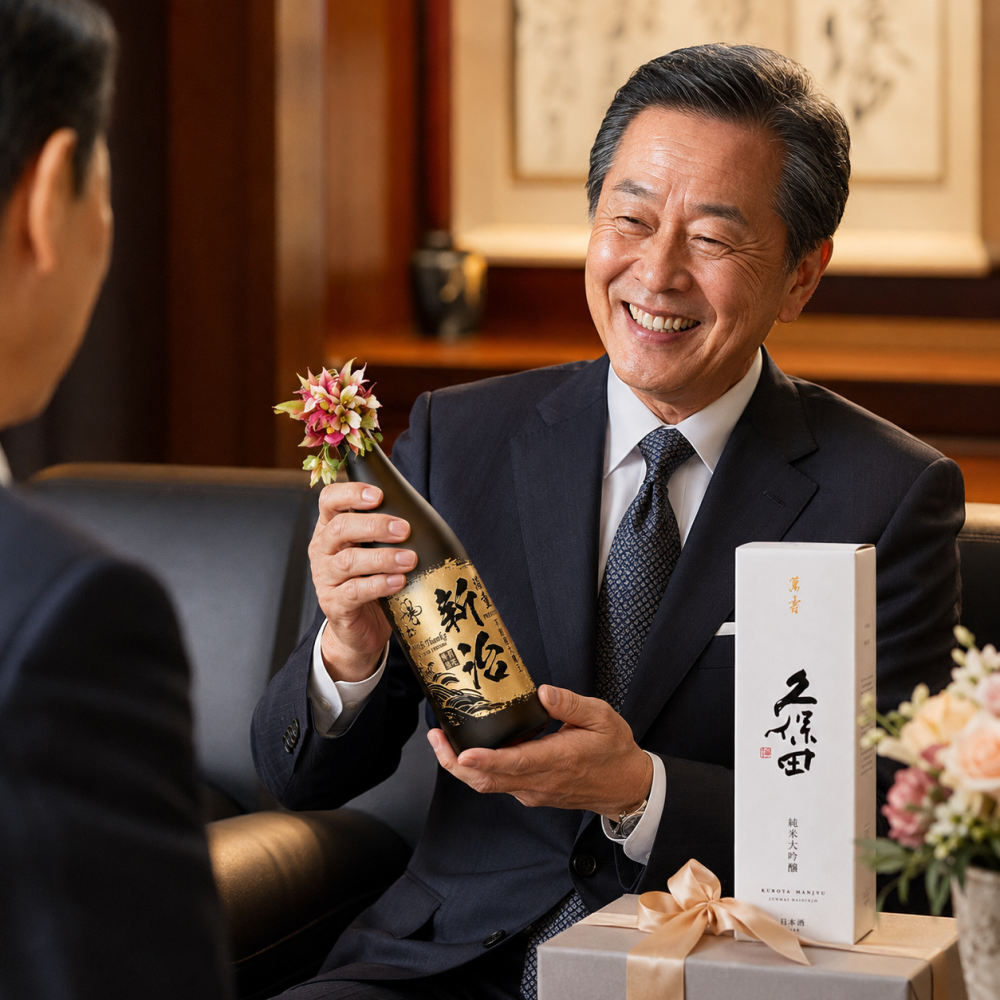 敬老の日 名入れ SXX 酒 日本酒  純米大吟醸 久保田 萬寿 720ml コサージュ付 / プレゼント ギフト 退職 記念 誕生日 還暦 古希 傘寿 米寿 緑寿 早寿 長寿 祝い