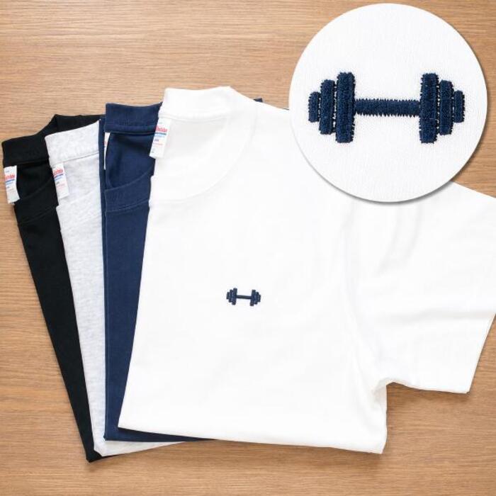 名入れ無料 名前入りTシャツ tシャツ ダンベル 筋トレ 厚手 メンズ レディース 半袖 クルーネック ワンポイント刺繍 ユニセックス S M L XL 6.2オンス コットン 綿 ホワイト 白 ブラック 黒 アッシュ ライトグレー ネイビー 紺 母の日 プレゼント【t37】【送料無料】