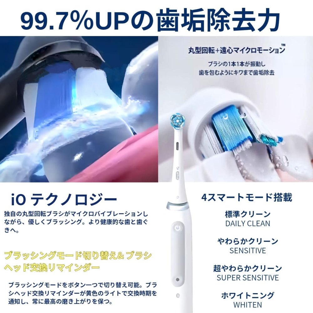 BRAUN（ブラウン）Oral-B iO4　電動歯ブラシヘルスパック　本体＋替えブラシ6本入り　クワイトホワイト　充電式　Bluetooth対応　iOG4.6KEF6.2K.WT　4スマートモード搭載　#69517　 父の日