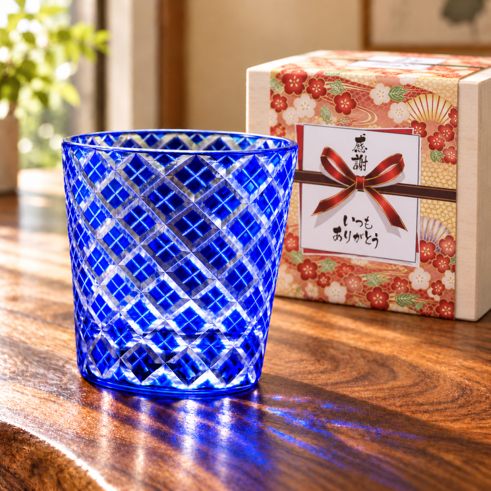 退職 異動 名入れ SXX 切子 江戸菱角 青 木箱入り / プレゼント ギフト 退職 記念 誕生日 早寿 長寿 祝い ロックグラス オールドグラス ブルー