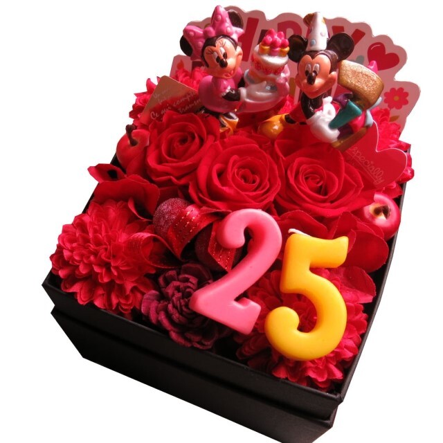 20周年 お祝い 20歳 誕生日プレゼント ミッキー ミニー 花束風ボックスギフト ご希望数字入りプレゼント 箱を開けてサプライズ 赤バラ プリザーブドフラワー入り