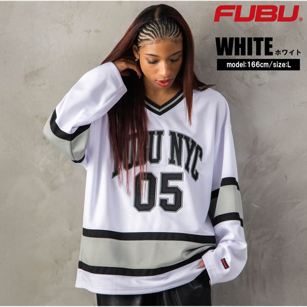 FUBU フブ ホッケーシャツ メンズ レディース fam-62712 ホッケージャージ ゲームシャツ 長袖 Vネック ナンバリング ロゴ プリント オーバーサイズ ストリート ヒップホップ ダンス カジュアル M L XL XXL 2026FW Karlas