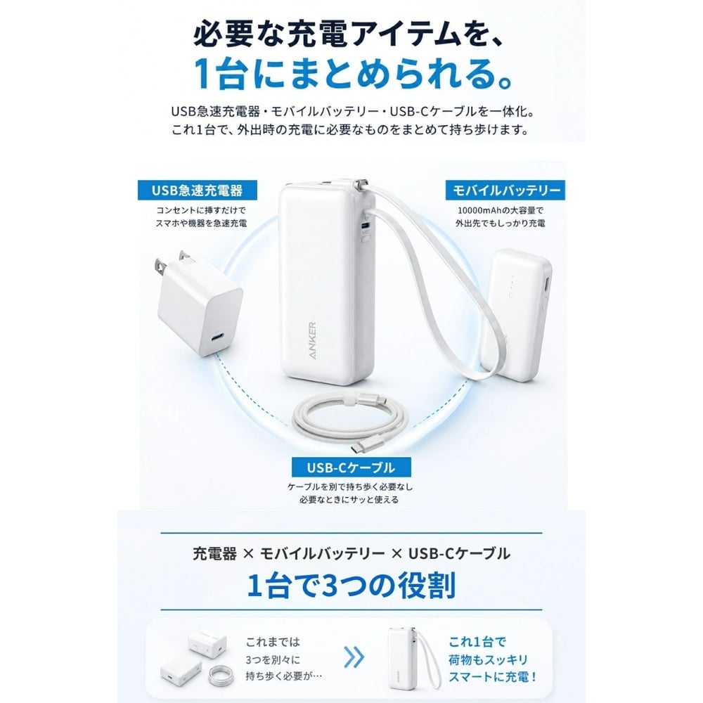 Anker Power Bank A1637 10000mAh Fusion モバイルバッテリー 最大30W USB-Cケーブル内蔵 コンセントプラグ搭載 ギフト 彼氏 誕生日 ガジェット プレゼント 
