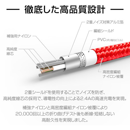 京ハヤ VPBD050LRD 強靭ライトニングケーブル50 KYOHAYA 50cm レッド