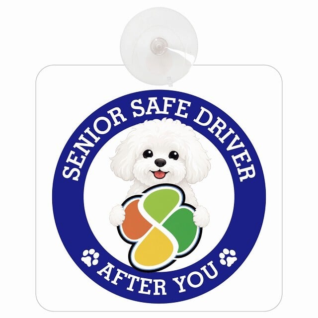 カーサイン 高齢者マーク SENIOR SAFE DRIVER ビションフリーゼ 車内用 吸盤タイプ 収れん火災防止タイプ 肉球 日本製 車 ステッカー