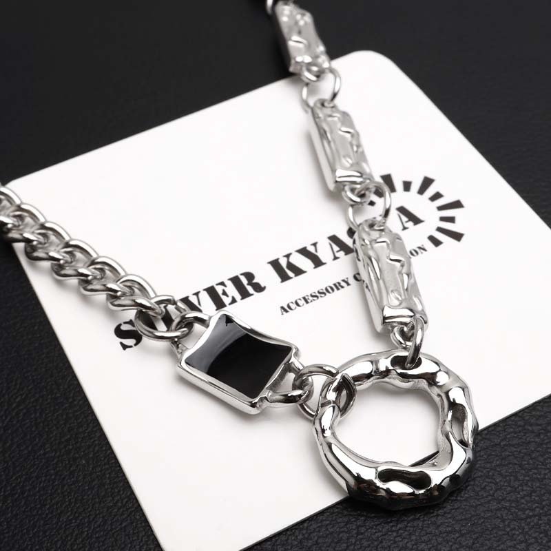 ステンレス ストーンネックレス デザインネックレス 幾何学ネックレス アシンメトリー シルバー ブラックストーン 原宿 韓流 お洒落 喜平チェーン メンズ 男性 金属アレルギー対応