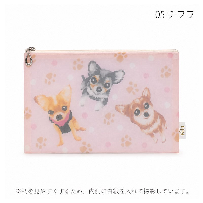 日本製 犬柄 プリント メッシュ フラットポーチ 小物入れ 化粧ポーチ コスメポーチ バッグインポーチ 犬グッズ アーンジョー ネコポス便発送