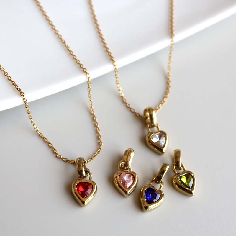 ステンレス 誕生石ネックレス ハート ゴールド 12タイプ 小豆チェーン レディース ペンダント カラーストーン アクセサリー 一粒 ぷっくり 華奢 上品 大人可愛い きれいめ フェミニン 胸元 重ね付け 金属アレルギー対応