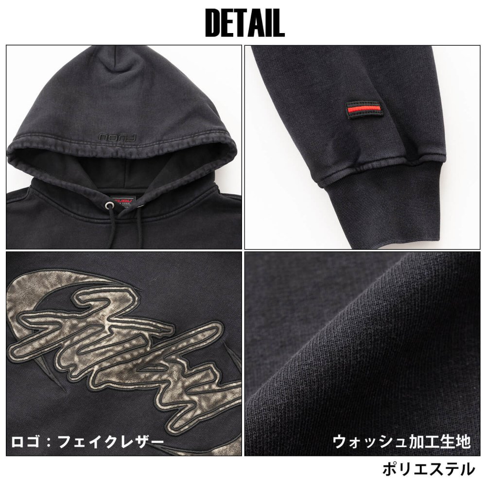 FUBU フブ パーカー メンズ レディース fam-62704 フェイクレザー パッチ フーディー プルオーバー スウェット ウォッシュ加工 ビッグシルエット ストリート ヒップホップ ダンス カジュアル トップス M L XL XXL 2026FW Karlas