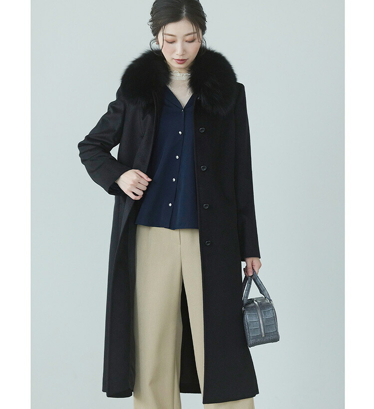 カシミヤ ロング コート レディース フォックス ファー カシミヤ100％ 黒 ステンカラー 比翼仕立て 秋冬 ブラック プレゼント ギフト ロングコート カシミヤコート フォーマル アウター 秋 冬 冠婚葬祭 ギフト プレゼント 6F (02000260r)