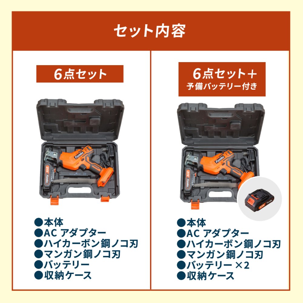 電動のこぎり 充電式 コードレスのこぎり 防刃手袋付き 予備バッテリー付き レシプロソー 最大3000回転 15mmストローク 替え刃4枚 木材 金属 プラスチック 枝切り 庭木 剪定 粗大ごみ 解体 DIY 日曜大工 LEDライト ロック機能 軽量 収納ケース 家庭用 ファミリー・ライフ