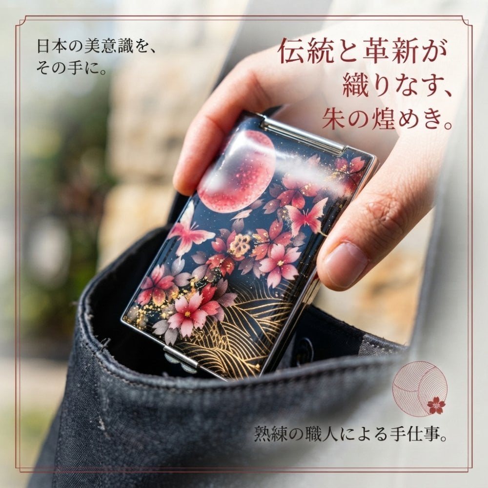コンパクトミラー『井』名入れ 送料無料 和柄 和風 和モダン 和雑貨 和小物 手鏡 折りたたみ 桜 伝統工芸 職人 手作り ハンドメイド 記念日 プレゼント ギフト